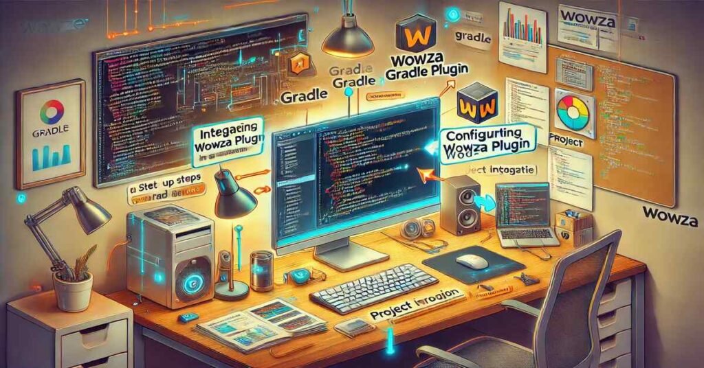 DALL·E 2024 12 19 17.17.52 A detailed digital illustration for integrating the Wowza Gradle Plugin into a project. The scene shows a developers workspace with a computer screen