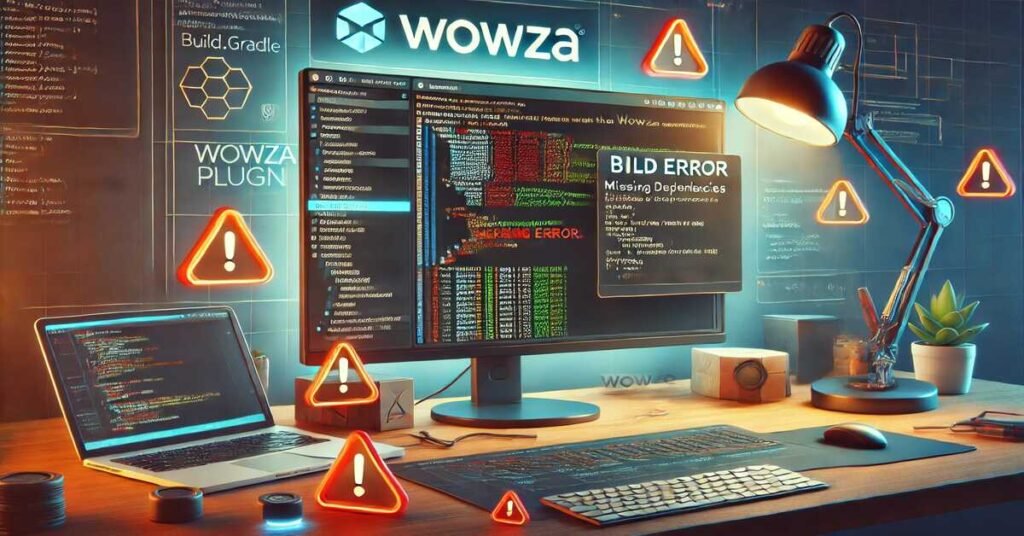 DALL·E 2024 12 19 17.23.11 A digital illustration focusing on troubleshooting issues with the Wowza Gradle Plugin. The scene depicts a developers workspace with a computer scr